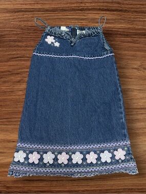 VTG Faded Glory Denim Sleeveless Dress Floral Embroidering Size 6/6X